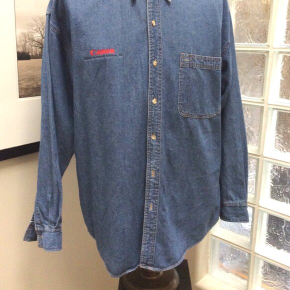 Men's Denim Blue Cotton Long Sleeve Shirt XL Canon Logo - Picture 2 of 2